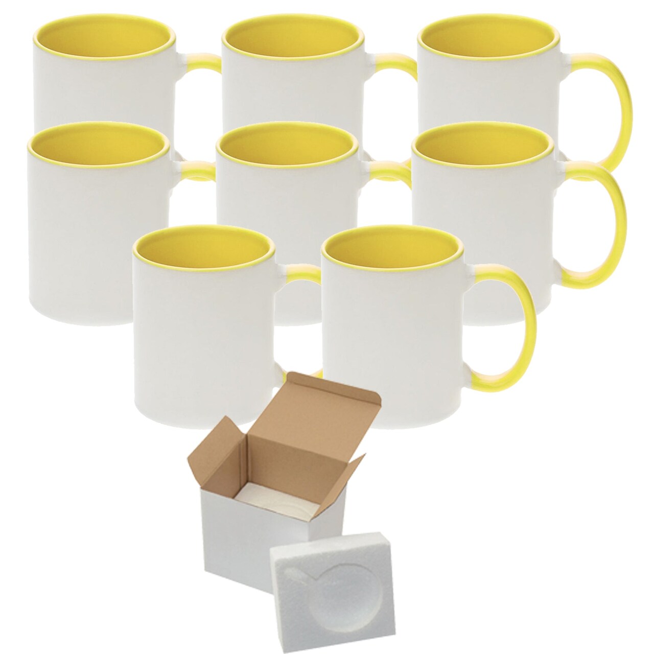 8 Pcs 11OZ Yellow Inner & Handle Sublimation Mugs With Foam Support Boxes
